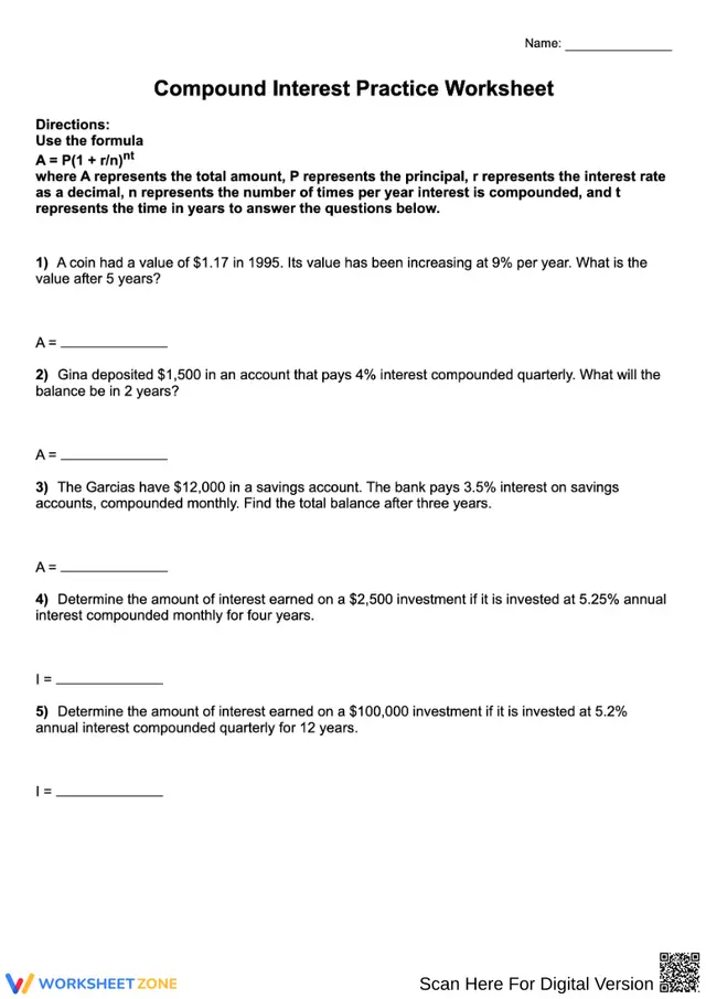 Solving Compound Interest Problems Worksheets