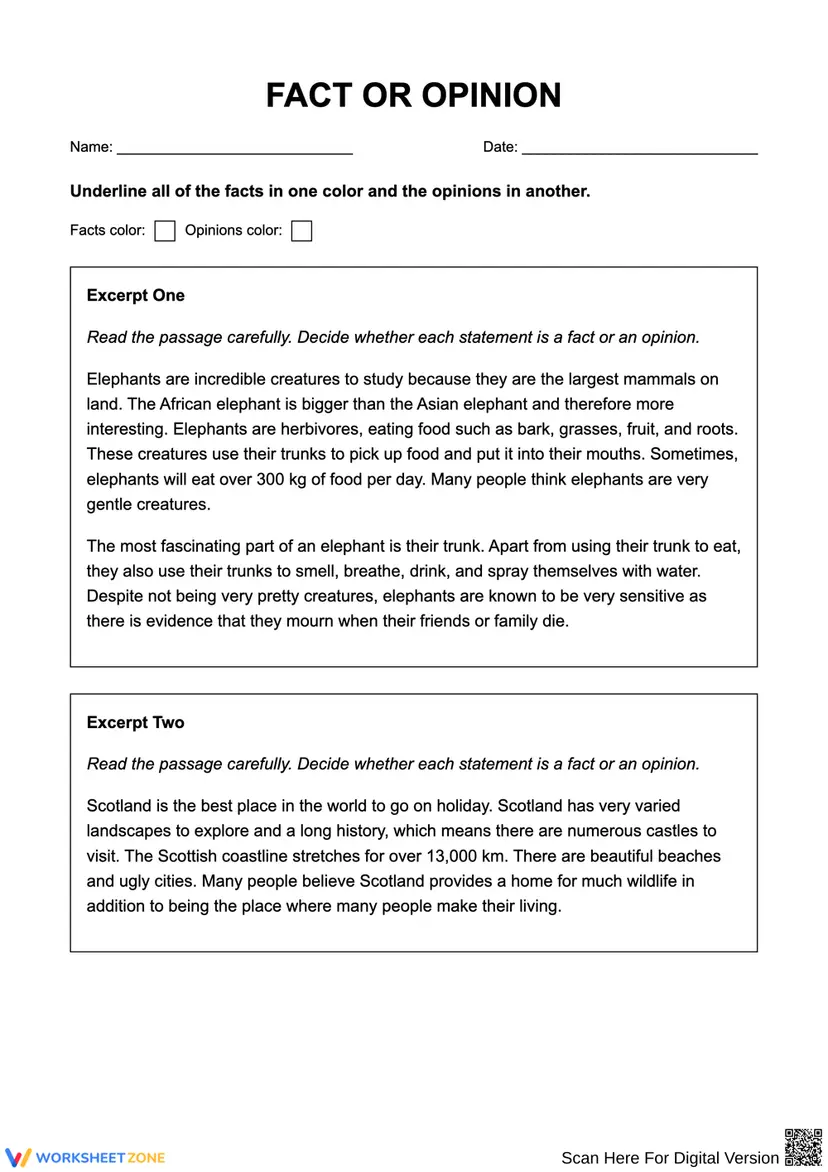 Fact or Opinion: Understanding Statements Worksheets