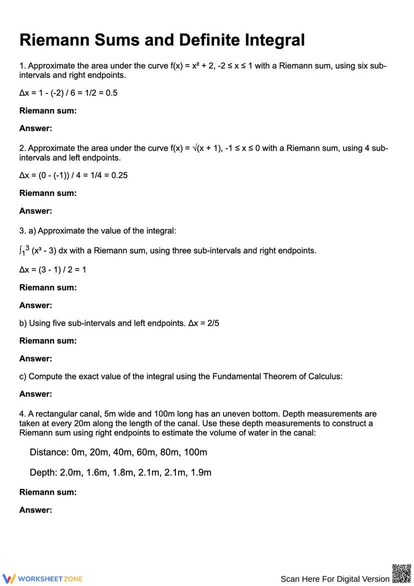 Reimen Integrals Formula Understanding Riemann Sums and Definite Integrals Worksheets