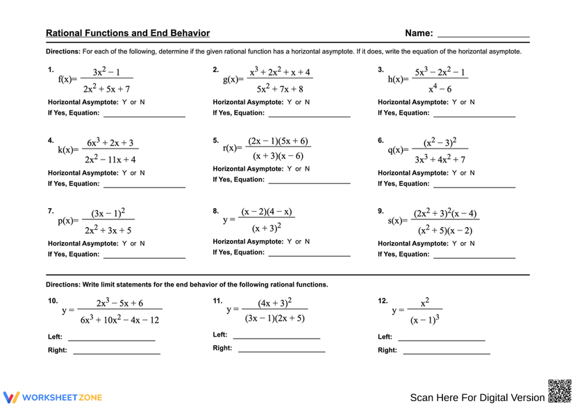 Understanding Rational Functions and Their End Behavior Worksheets