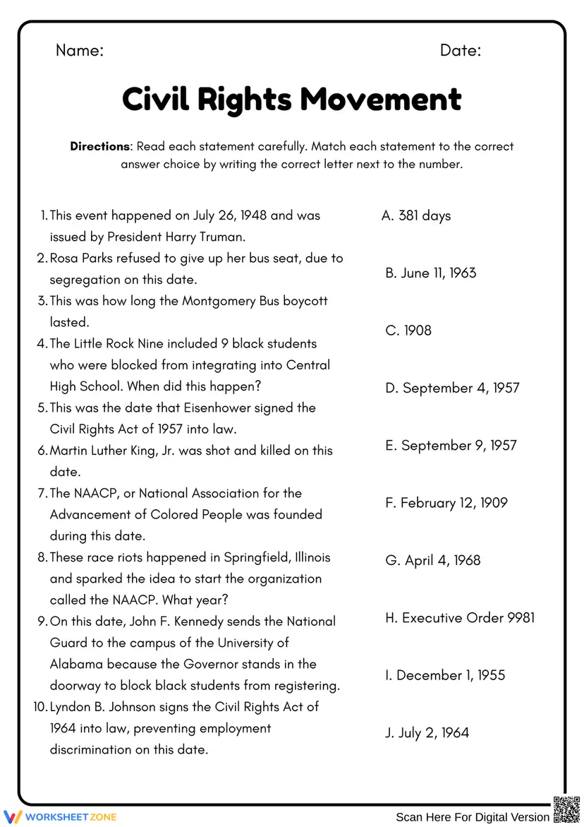 Civil Rights Movement Worksheet.pdf Exploring the Civil Rights Movement Through Matching Activities Worksheets