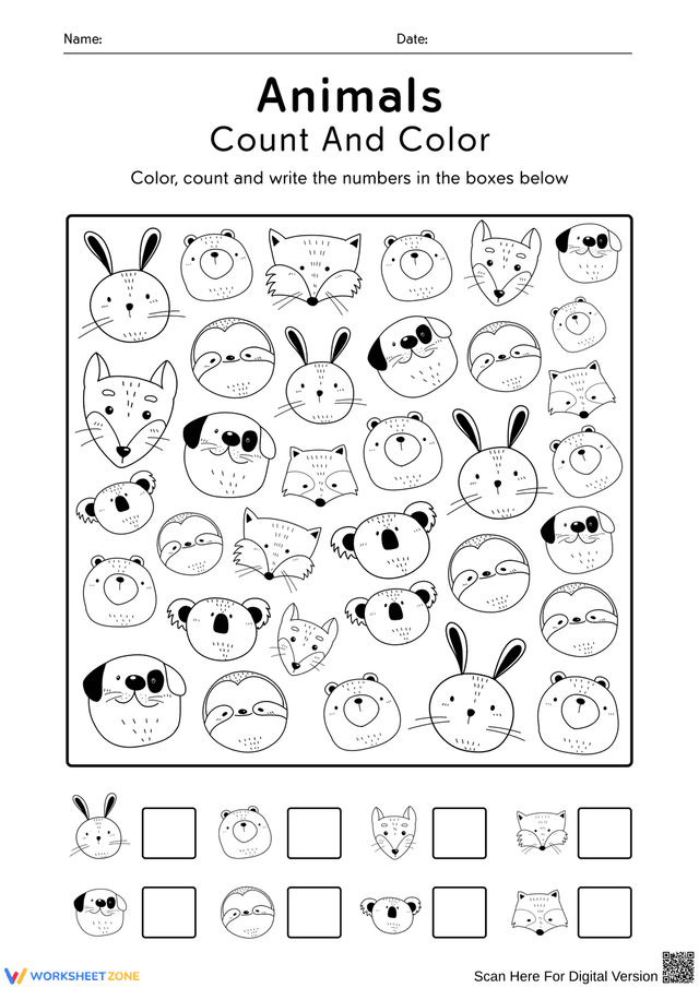Count Animals Worksheet Simple Animals Count and Color Activity Worksheets