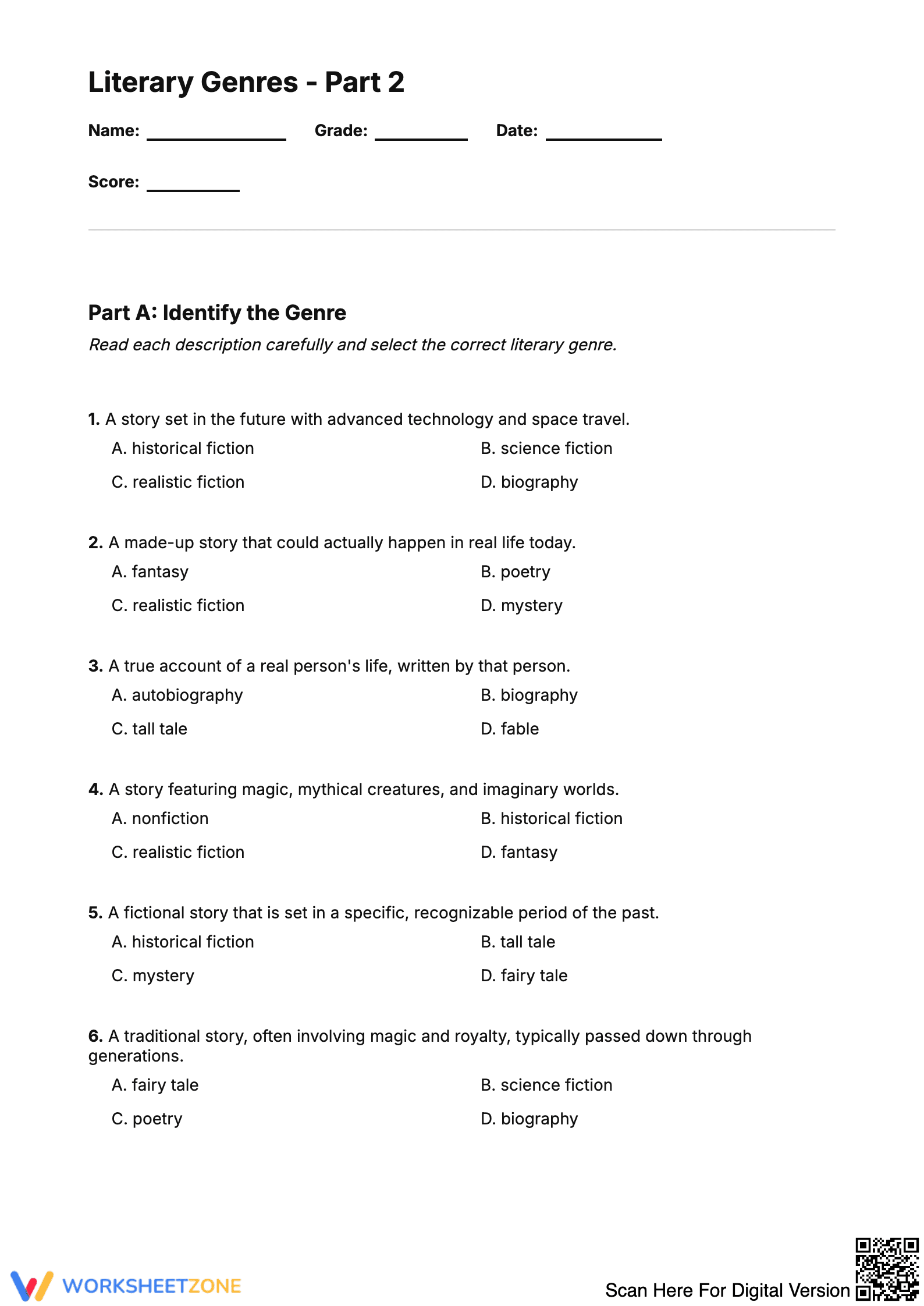 Identifying Genre Worksheets.pdf Literary Genres - Part 2 Worksheet: Identifying Story Types
