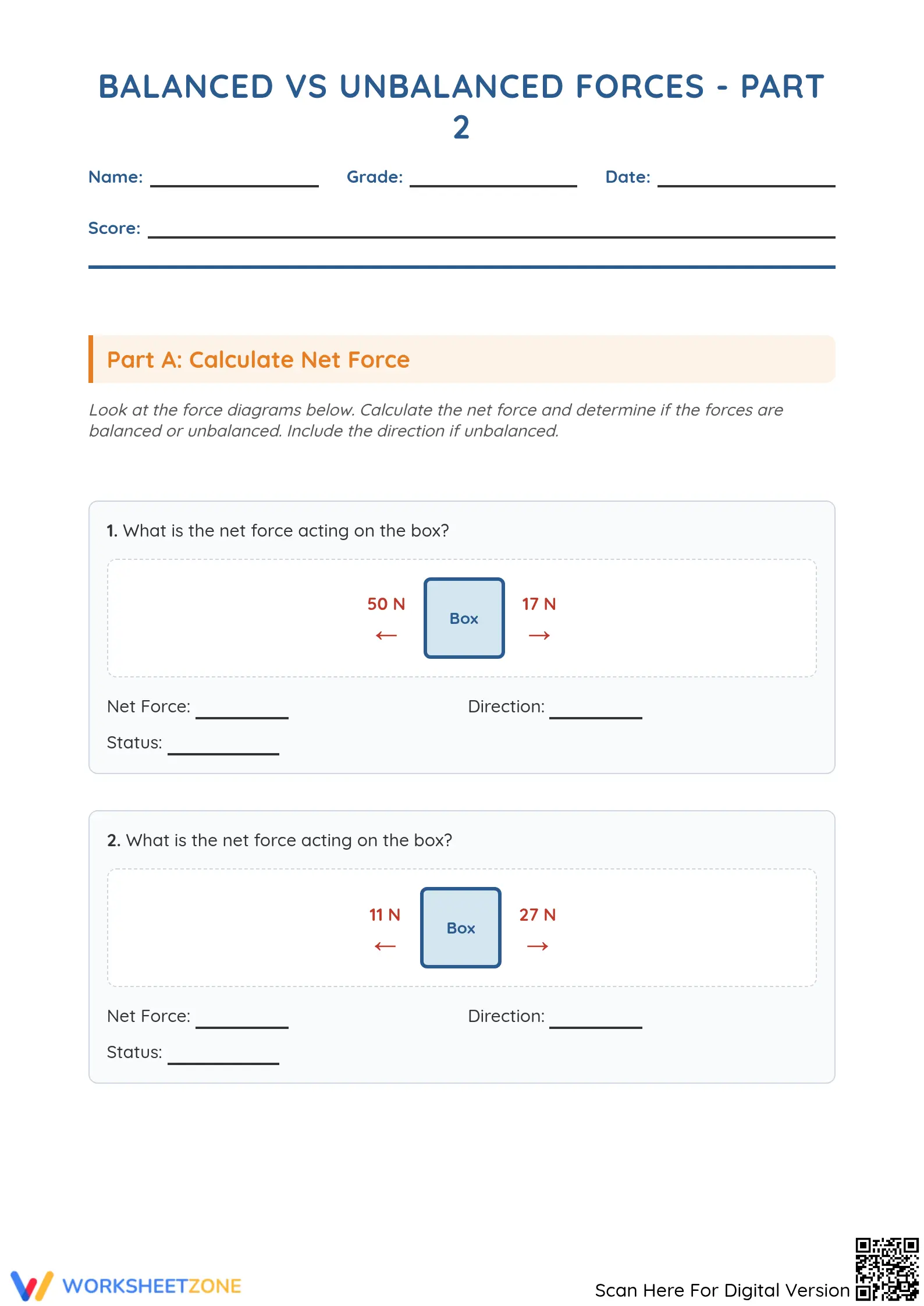Examplebalanced Forces Worksheet Balanced vs Unbalanced Forces - Part 2: Net Force Calculation Worksheet