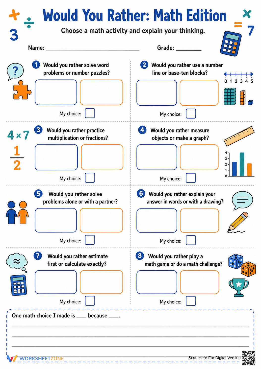 Grade 4 Math Would You Rather | Printable Worksheet