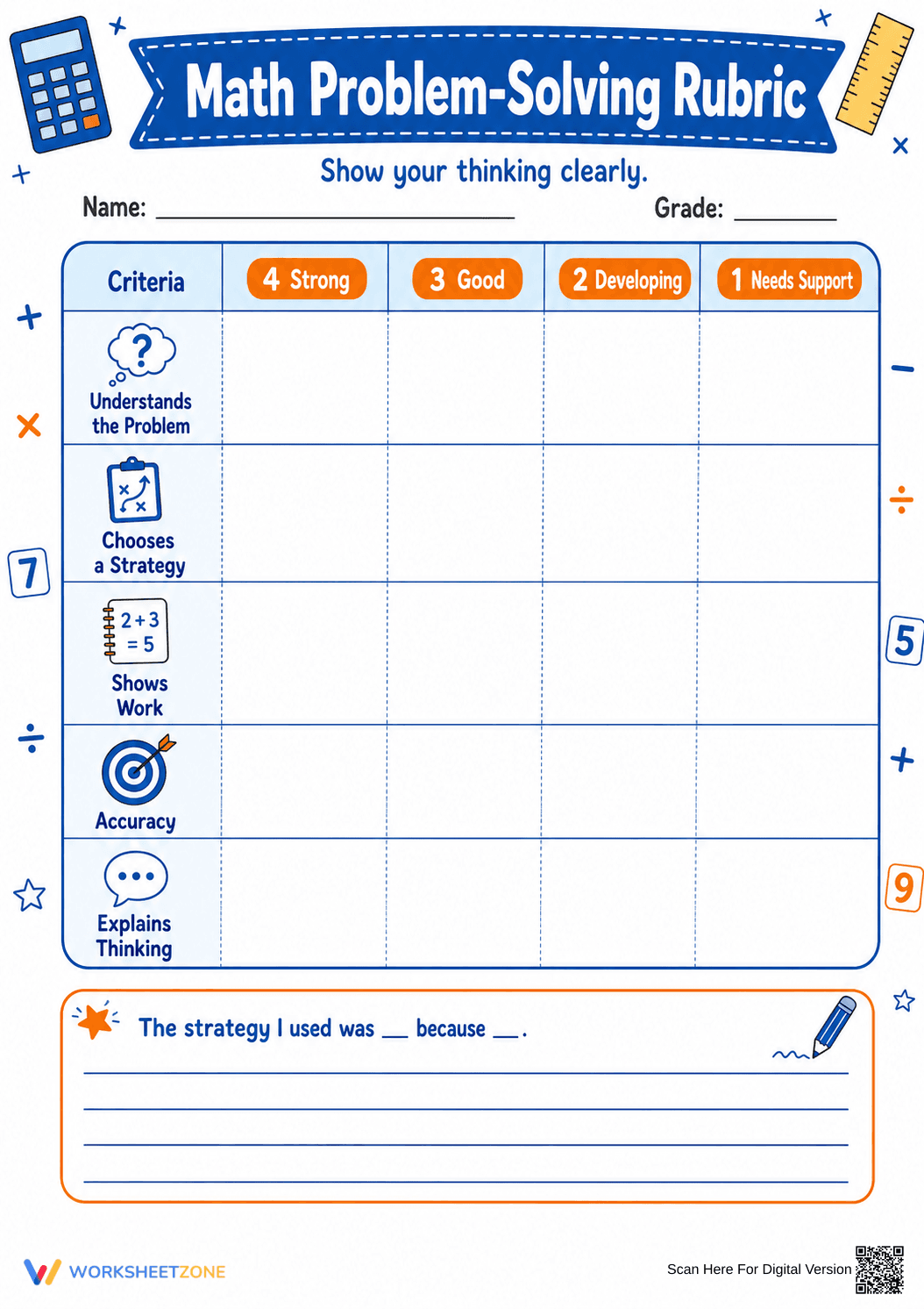 Math Problem-Solving Rubric | Essential Grade 3-6 Tool Worksheets