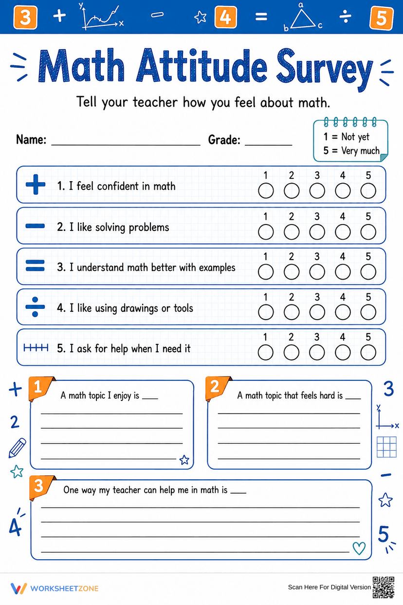 Essential Math Attitude Survey | Grades 3-6 Ready Worksheets