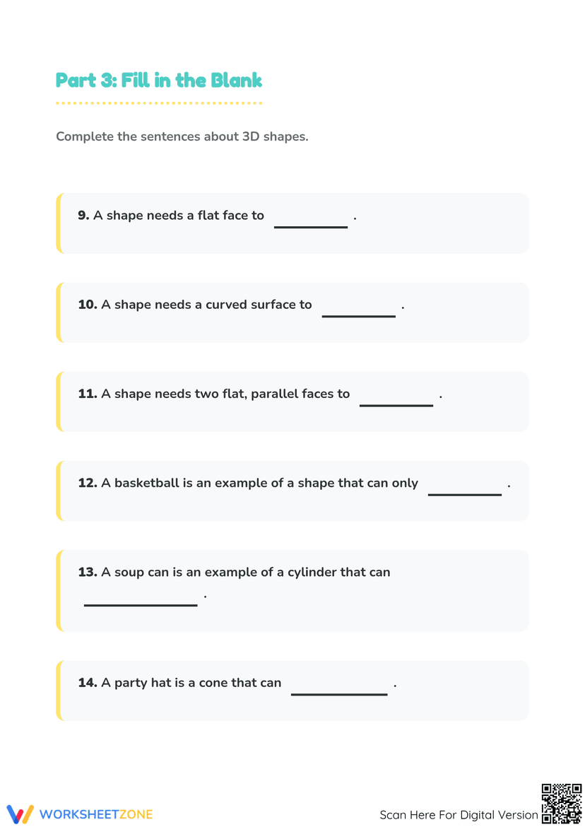 Roll Slide Stack Worksheet.pdf Grade K 3D Shapes — Printable No-Prep Worksheet
