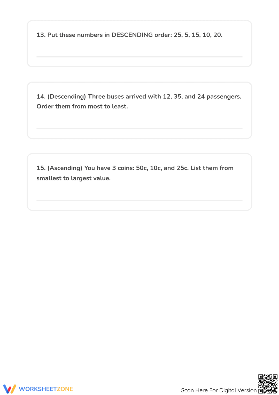 Decending Example Problem Ascending and Descending Word Problems Worksheets