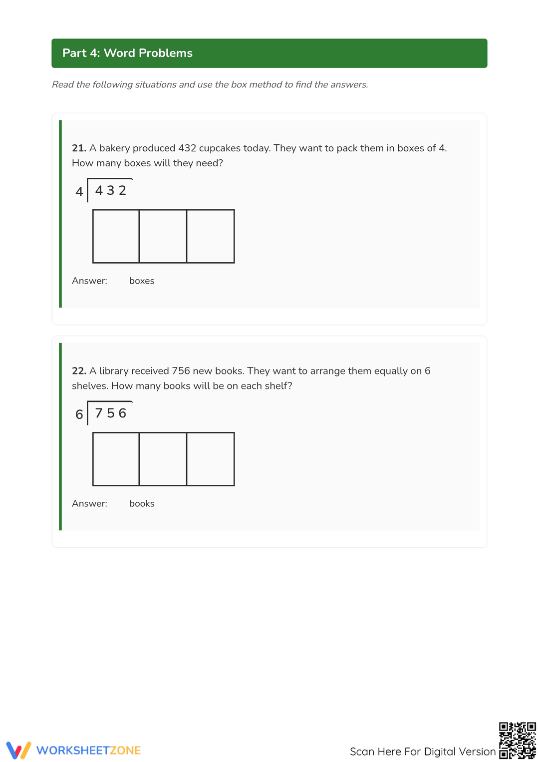 Printable Box Method Division Worksheet | Grade 4 Math
