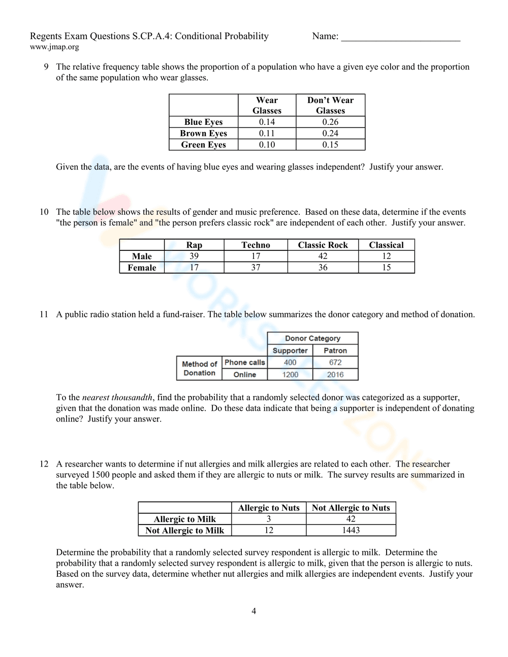 Conditional Probability Exercises Worksheets