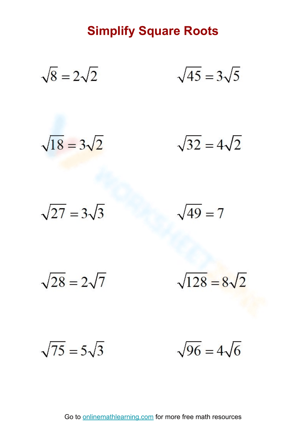 Simplify Square Roots Worksheet.pdf Simplify Square Roots Worksheet