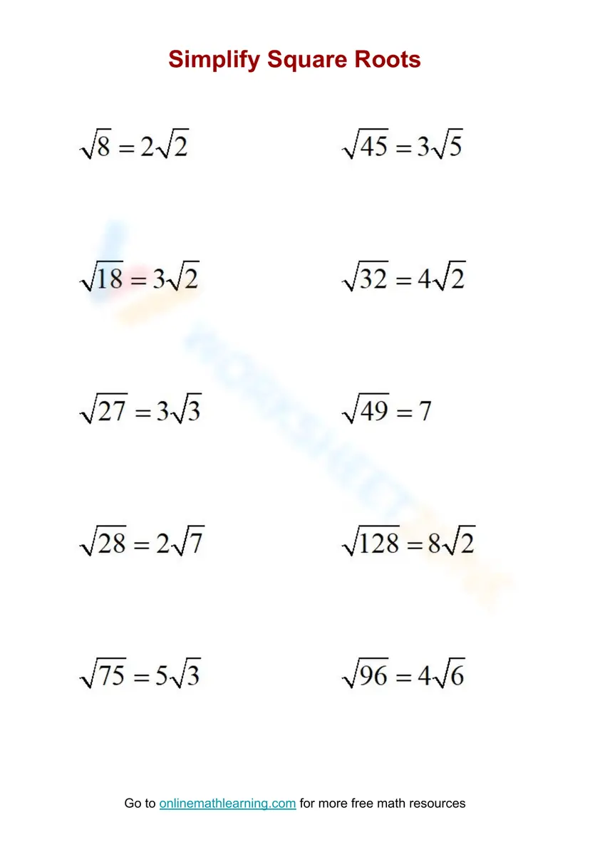 Simplifying Square Roots Explained Simplify Square Roots Worksheet