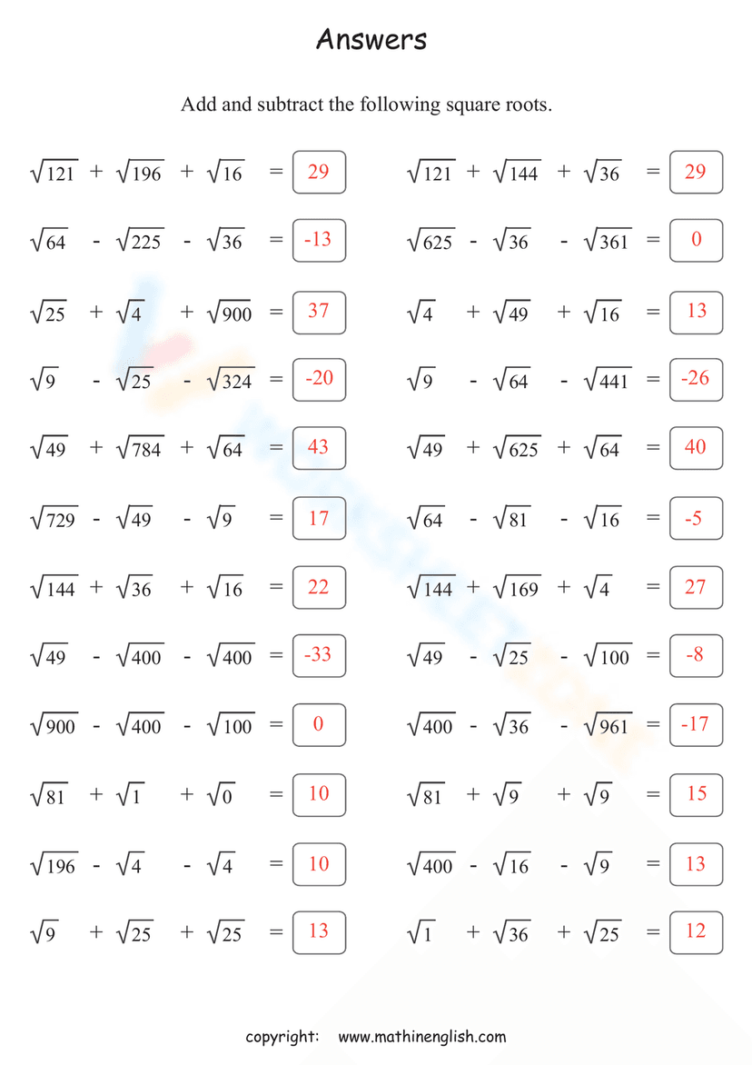 Adding Roots Rules Adding and Subtracting Square Roots Worksheet