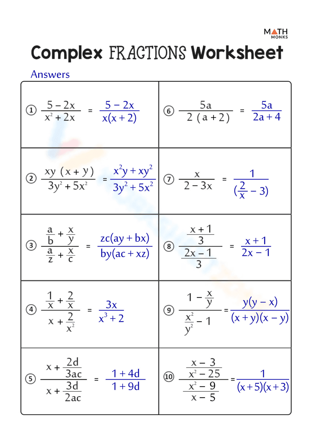 Fraction Complex Math Problems Complex Fractions Worksheet
