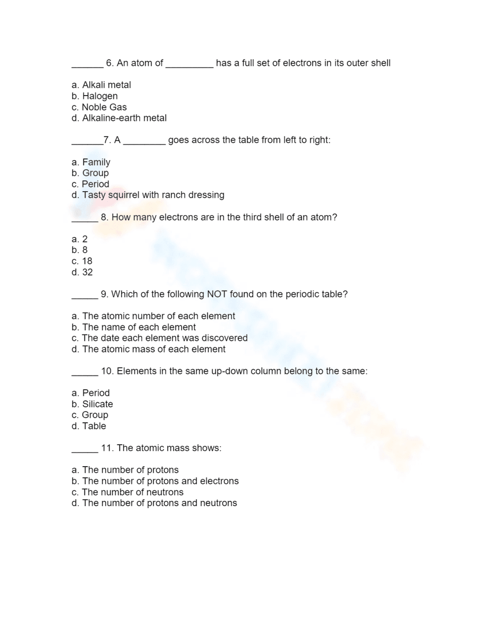 Basic Periodic Table Questions Periodic Table Questions Worksheet