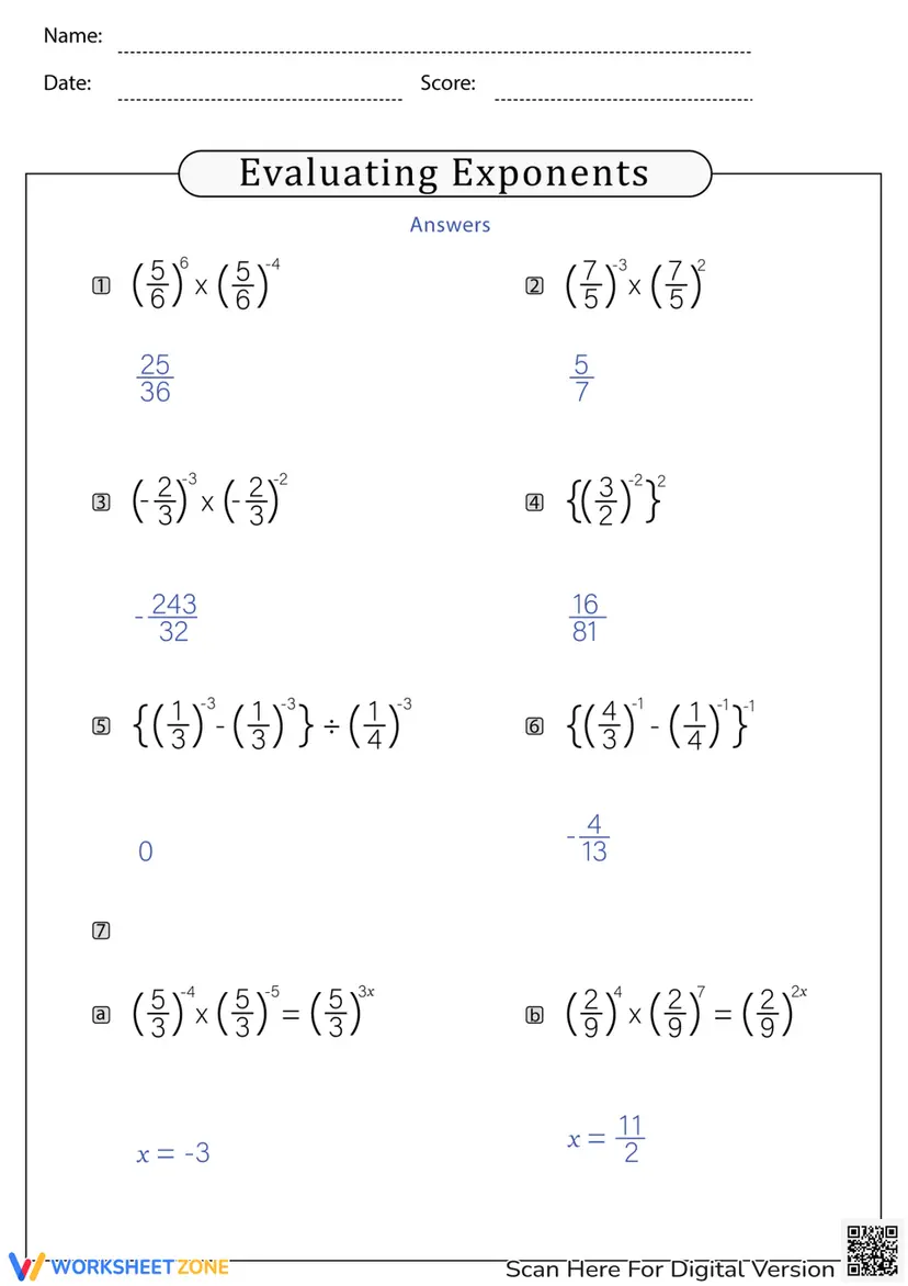 Evaluating Exponents. Example Practice Evaluating Exponents Worksheets