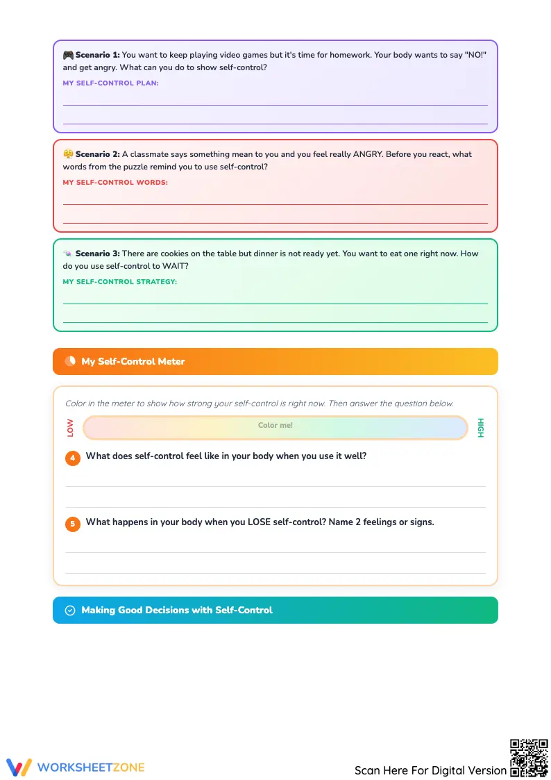 Control Word Search Self-Control Word Search Puzzle for Kids Worksheets
