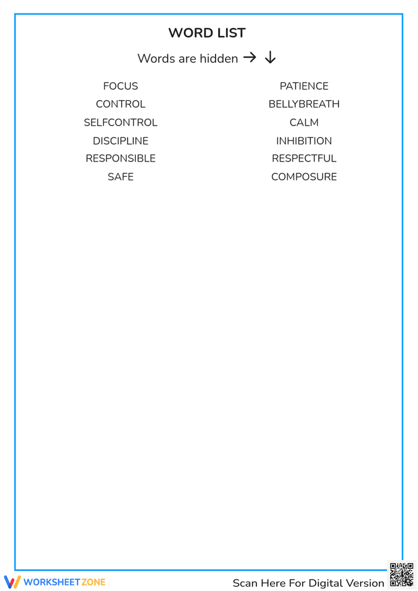 Control Word Search Essential Self-Control Word Search | Grade 7 SEL Worksheets