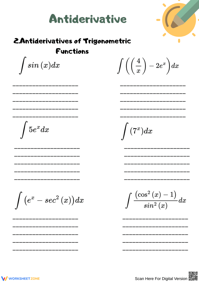 Antiderivative Worksheet.pdf Antiderivative Practice for Functions and Trigonometry Worksheets