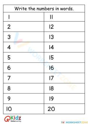 Number Words 1 to 20