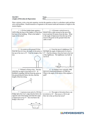 Free Angle of Elevation and Depression Trig Worksheets