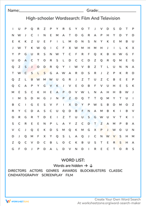 High-schooler Wordsearch: Film and Television