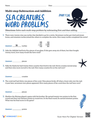 Sea Creatures Word Problems: Multi-step Subtraction and Addition