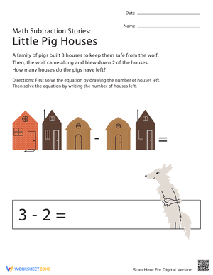 Math Subtraction Stories: Little Pig Houses