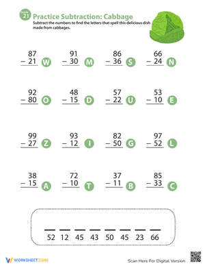 Veggie Math Mash: Two-Digit Subtraction 10