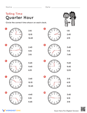 Telling Time on the Quarter Hour: Match It