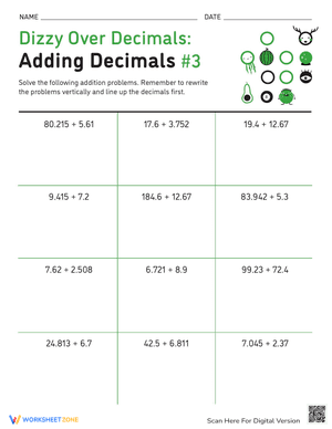 Dizzy Over Decimals: Adding Decimals #3