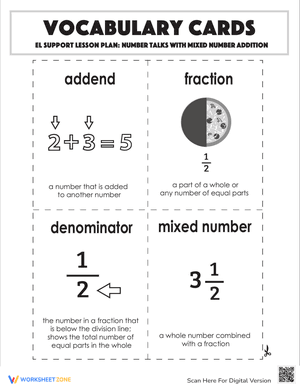Vocabulary Cards: Number Talks with Mixed Number Addition