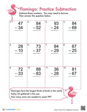 Flamingo Fun: Practice Two-Digit Subtraction