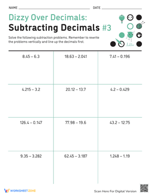 Dizzy Over Decimals: Subtracting Decimals #3