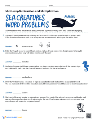 Sea Creatures Word Problems: Multi-step Subtraction and Multiplication