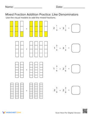 Mixed Fraction Addition Practice: Like Denominators