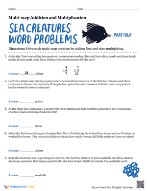 Sea Creatures Word Problems: Multi-step Addition and Multiplication