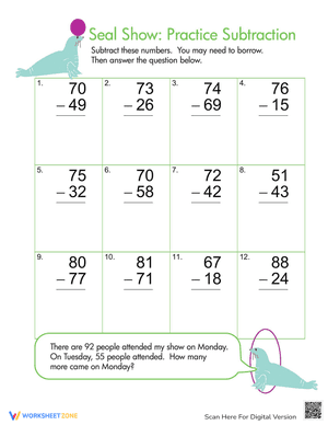 Seal Show: Practice Two-Digit Subtraction