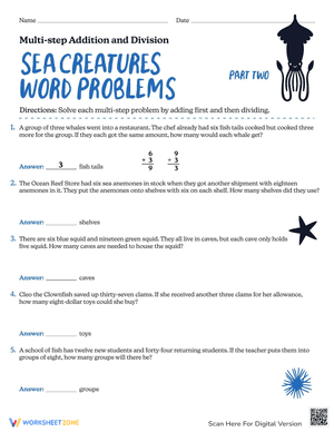 Sea Creatures Word Problems: Multi-step Addition and Division