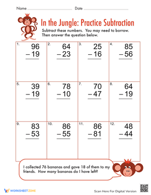 Two Digit Subtraction With Regrouping: In the Jungle