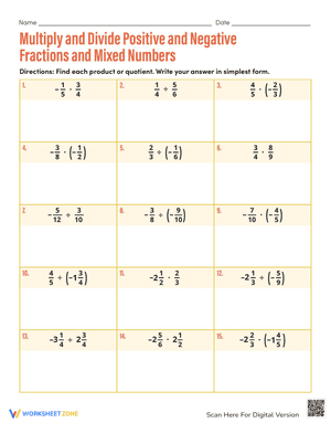 Multiply and Divide Positive and Negative Fractions and Mixed Numbers