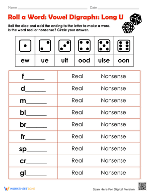 Roll a Word: Vowel Digraphs: Long U