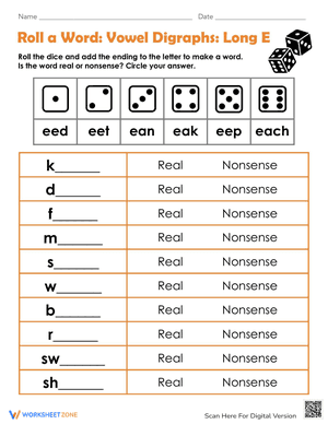 Roll a Word: Vowel Digraphs: Long E