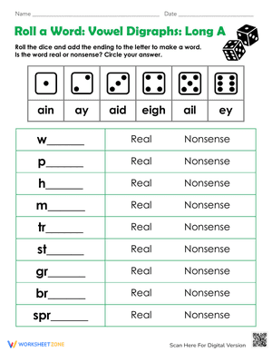 Roll a Word: Vowel Digraphs: Long A