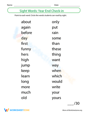 Sight Words: Year End Check-in