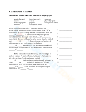 Classification of Matter Worksheets 1