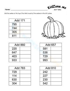 Math Tables ADDITION Three Digits Pumpkin