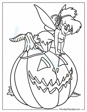 Tinker Bell Sitting On Jack O Lantern Coloring Page