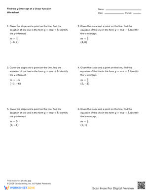 Find The Y-intercept Of A Linear Function - Worksheet
